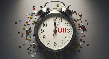 Countdown to celebration moment with confetti scattered around vintage alarm clock showing time for party