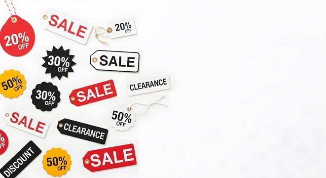Various sale tags arranged to create a visually appealing display of discount offers
