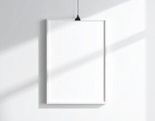 Blank Rectangular Poster Frame Mockup: Hanging from Thin Black Wire. Minimalist Wall Art & Contrast Display