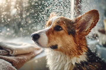 Obraz premium Adorable dog enjoying a refreshing bath with water droplets sparkling in sunlight, showcasing a happy expression and fluffy fur in a cozy indoor setting.