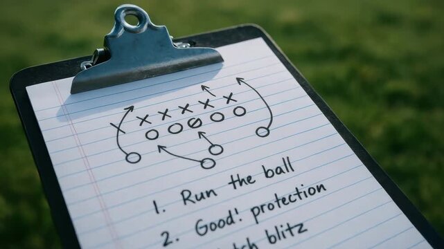 Mechanical consulting strategy plan with football play diagram and handwritten notes on clipboard for team protection and game preparation strategy