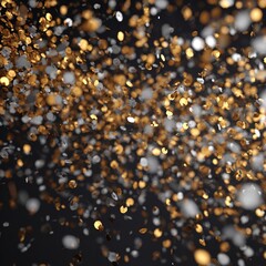 A festive display of gold and silver confetti falling against a dark background creating a dynamic scene