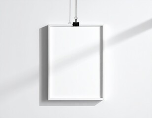 Blank Rectangular Poster Frame Mockup: Hanging from Thin Black Wire. Minimalist Wall Art & Contrast Display