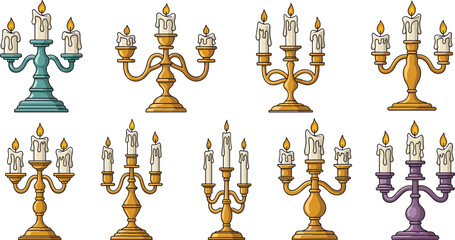 Set of eight artistic candelabra illustrations with lit candles in varied styles, colors, and arm designs for decorative use