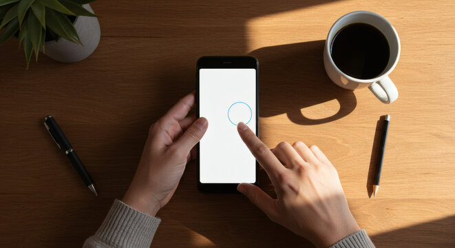 Hands interacting with a modern smartphone screen displaying blank white space, on a wooden desk with coffee and pens