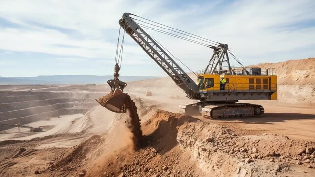 Midsize dragline operator controlling heavy machinery to clear layered overburden on rugged terrain during daytime.