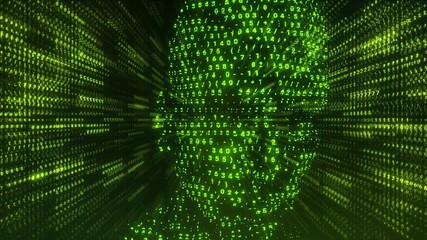 Algorithm Man Loop – Futuristic AI Head Made of Green Numeric Data Streams in Digital Tunnel Background - Powered by Adobe