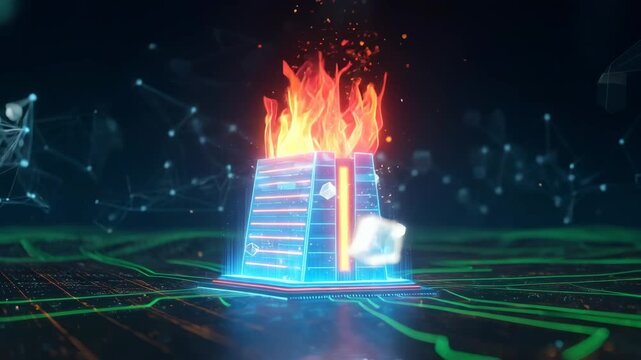 Digital server tower with firewall on fire as abstract concept for data security threat, hacking protection or cyber attack - Powered by Adobe