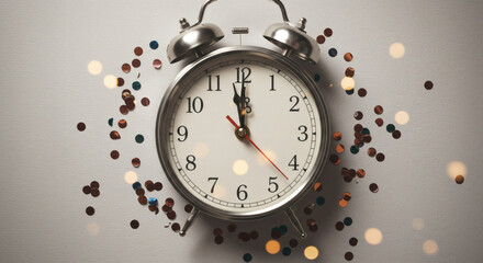 Vintage alarm clock strikes midnight surrounded by festive confetti and blurred bokeh lights, celebrating New Year's Eve countdown