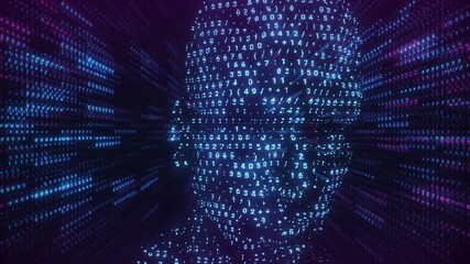 Algorithm Man Loop – Futuristic AI Head Made of Blue and Magenta Numeric Data Streams in Digital Tunnel Background