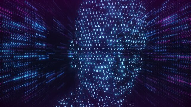 Algorithm Man Loop &ndash; Futuristic AI Head Made of Blue and Magenta Numeric Data Streams in Digital Tunnel Background