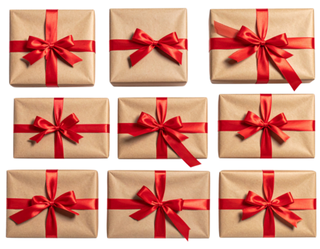 Eco Elegance — Kraft Gift Boxes with Red Ribbons on Transparent Background - Powered by Adobe