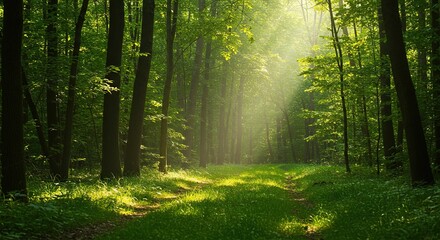 A tranquil forest scene bathed in soft sunlight, showcasing lush greenery and the peaceful serenity of the natural environment ,Forest ,light rays ,tranquil