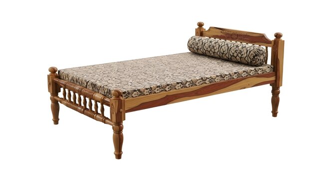 Traditional Wooden Single Bed Isolated on White Background, Handcrafted Indian Sheesham Wood Daybed with Mattress and Bolster,