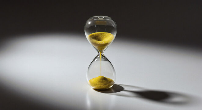 Elegant hourglass with flowing golden sand symbolizes precious time passing, deadlines, and the essence of moments.
