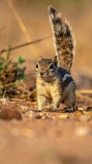 Small rodent stands alert on earth, tail upright, in natural habitat