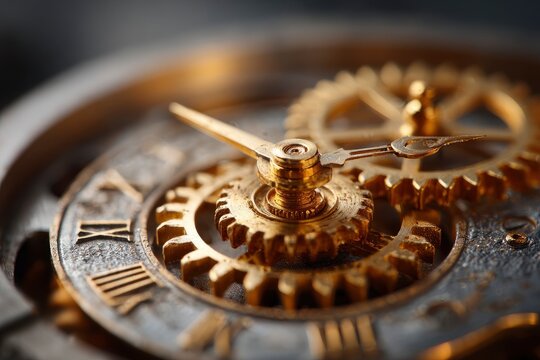A close-up photo reveals intricate golden gears and hands of an antique timepiece mechanism, - Powered by Adobe
