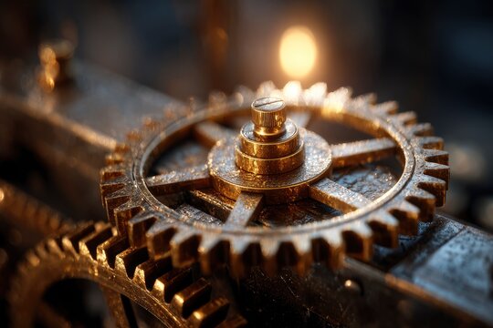 Macro image captures intricate interlocking golden gears and industrial cogs with a vintage,