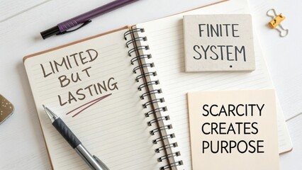 Inspirational workspace with notebook showing motivational phrases about limited resources and purpose driving creativity and productivity