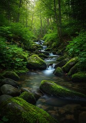 A tranquil natural brook flows gently over smooth river stones, surrounded by lush green moss and foliage in a serene forest environment ,beautiful ,clear ,calm
