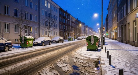 Snow covered street with parked cars and green containers under evening sky. Snow covered street in city shows winter season and cold temperatures. Find snow covered street for ecology campaigns.