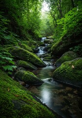 A tranquil natural brook flows gently over smooth river stones, surrounded by lush green moss and foliage in a serene forest environment ,wild ,water ,daylight