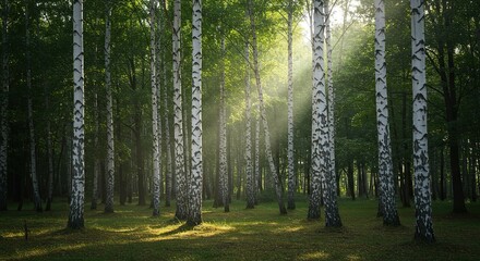 A tranquil natural park scene featuring numerous tall birch trees with white bark, bathed in soft, dappled sunlight filtering through the canopy ,nature ,forest ,autumn