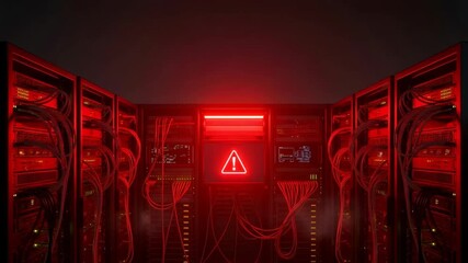 Server room with error warning. Digital data processing equipment in a cybersecurity breach. Modern technology and information protection concept. - Powered by Adobe