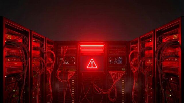 Server room with error warning. Digital data processing equipment in a cybersecurity breach. Modern technology and information protection concept. - Powered by Adobe