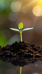 Small seedling emerging from dark soil, sunlit, with blurry background