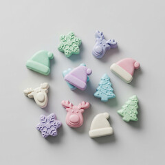 Pastel Christmas candy sprinkles: hats, snowflakes, reindeer, and trees.