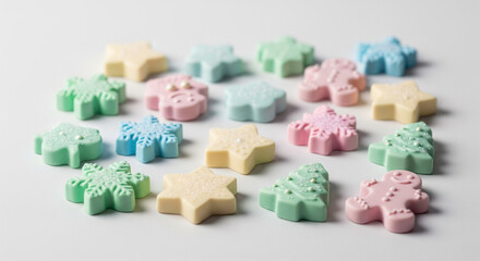 An assortment of pastel-colored, Christmas-themed pressed sugar candies scattered on a plain white surface.