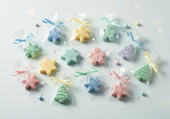 Assortment of pastel-colored Christmas cookies and candies, some individually wrapped with ribbons, scattered on a light surface.