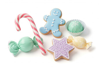A collection of various colorful Christmas-themed sweets and treats, including cookies and candy.