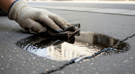 Person cleans up spilled liquid, working with hand wearing protective glove on city street. Spilled liquid needs to be absorbed carefully with absorbent cloth.