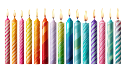 Festive colorful birthday candles with flame isolated on transparent background