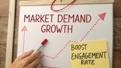 Market Demand Growth Chart with Red Arrows and Sticky Note for Boosting Engagement Rate in Business Strategy Analysis