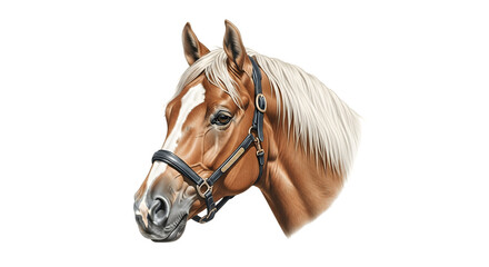 Close up of a beautiful horse head with a bridle.