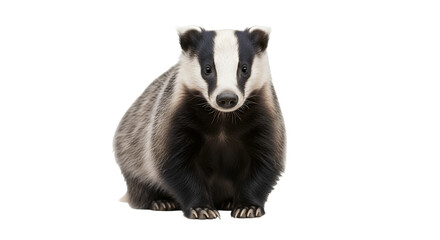 Close up of a badger on a white background looking directly at the camera.