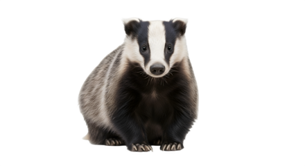 Close up of a badger on a white background looking directly at the camera.