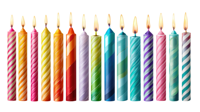 Festive colorful birthday candles with flame isolated on transparent background