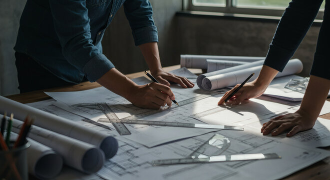 Architects collaborating on blueprints, meticulously planning a building project with tools and detailed drawings spread across a table - Powered by Adobe