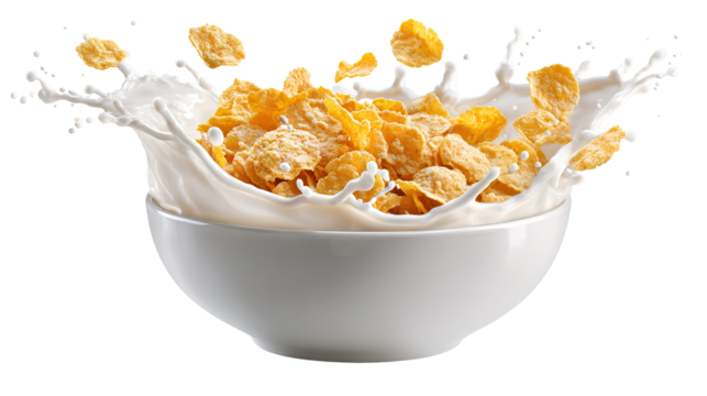 This image shows a white bowl filled with cornflakes and milk. The milk is splashing up around the bowl, and some of the cornflakes are flying into the air, suggesting motion—like the milk was just po