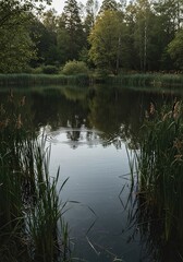 A tranquil pond reflects the sky, its surface barely rippling as reeds grow freely along the untouched banks, embodying a serene and unhurried natural state ,nature ,gentle ,wilderness
