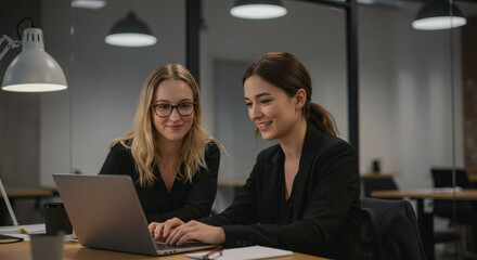 Confident businesswomen collaborating on laptop, discussing project success in modern office setting