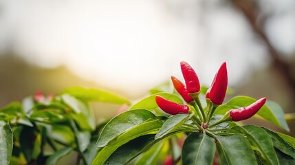 shallow. Close-up view of red chili peppers among green leaves in natural light. gardening catalogs, home-decor guides, designed for gardening and botanical catalogs, used by photographers.
