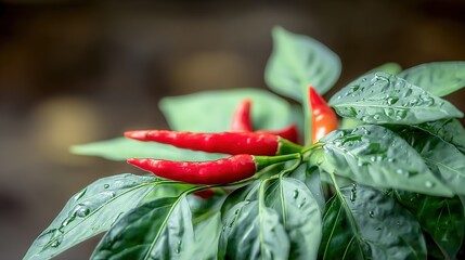 shallow. Close-up view of red chili peppers among green leaves in natural light. gardening catalogs, home-decor guides, designed for gardening and botanical catalogs, used by photographers.