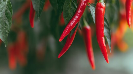 shallow. Close-up view of red chili peppers among green leaves in natural light. gardening catalogs, home-decor guides, designed for gardening and botanical catalogs, used by photographers.