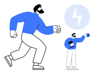 Obraz premium Person striding confidently alongside a lightning icon and a smaller figure engaged with a power element. Ideal for growth, motivation, energy, teamwork, innovation, empowerment, simple flat metaphor
