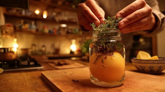 Medium shot showcasing the process of infusing pomelo rind in a clear glass jar with herbs and hot water in a cozy kitchen setting.